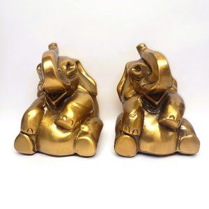 HEAVY Brass Elephant Bookends Sitting Vintage Mid-Century PM Craftsmen USA 5+ lb